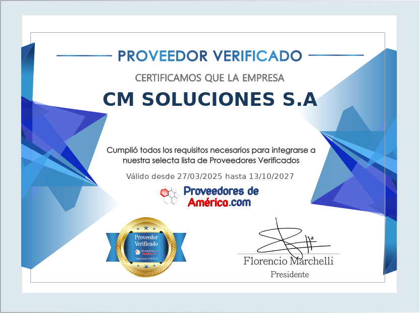 Certificado de Proveedor Verificado de CM SOLUCIONES S.A