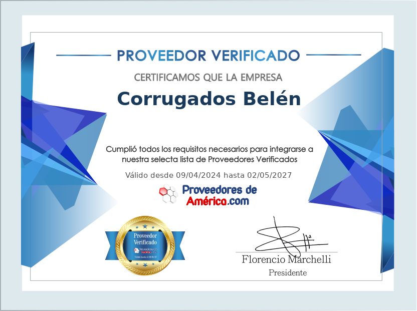 Certificado de Proveedor Verificado de Corrugados Belén
