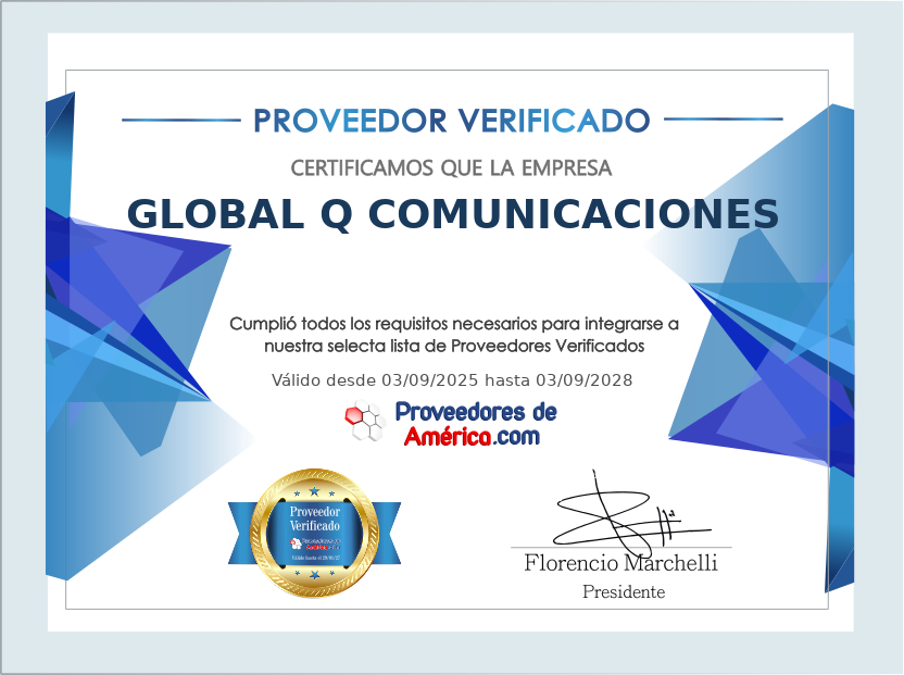 Certificado de Proveedor Verificado de GLOBAL Q COMUNICACIONES