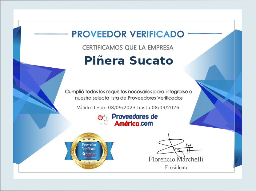 Certificado de Proveedor Verificado de Piñera Sucato