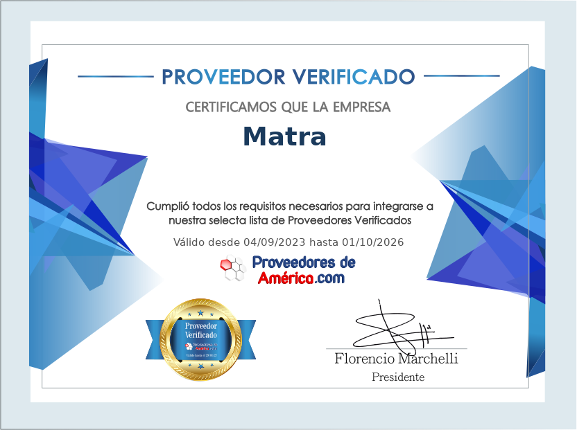 Certificado de Proveedor Verificado de Matra 