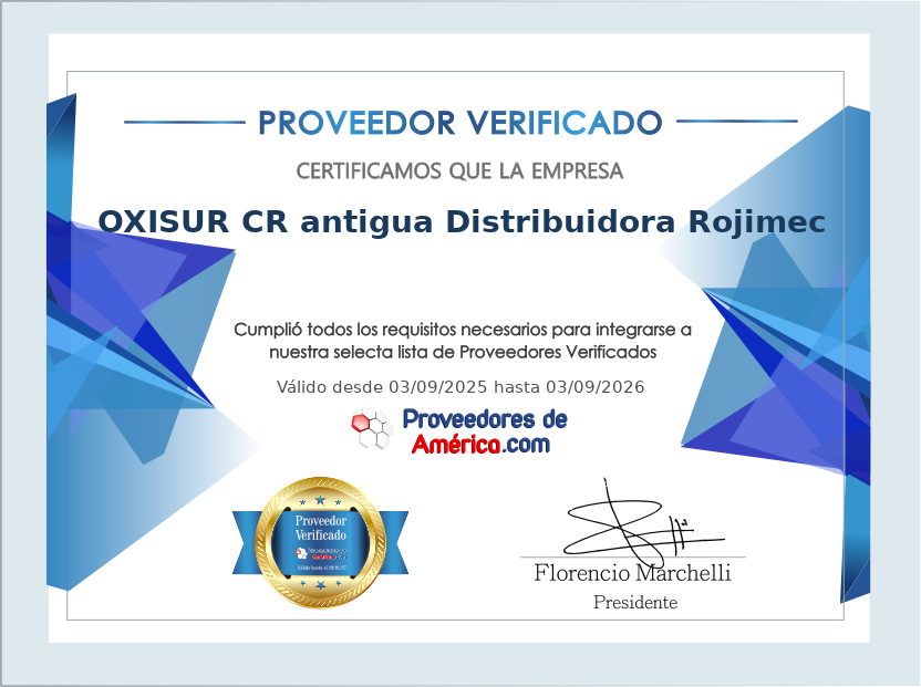 Certificado de Proveedor Verificado de OXISUR CR antigua Distribuidora Rojimec