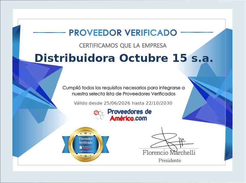 Certificado de Proveedor Verificado de Distribuidora Octubre 15 s.a.