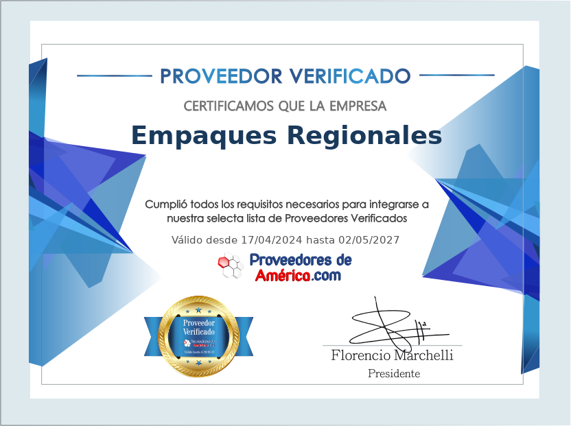 Certificado de Proveedor Verificado de Empaques Regionales