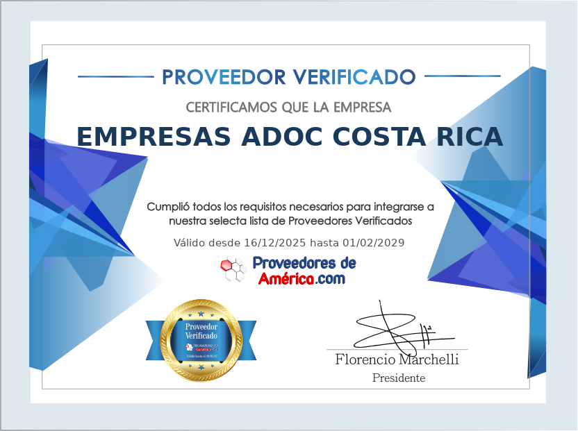 Certificado de Proveedor Verificado de EMPRESAS ADOC COSTA RICA