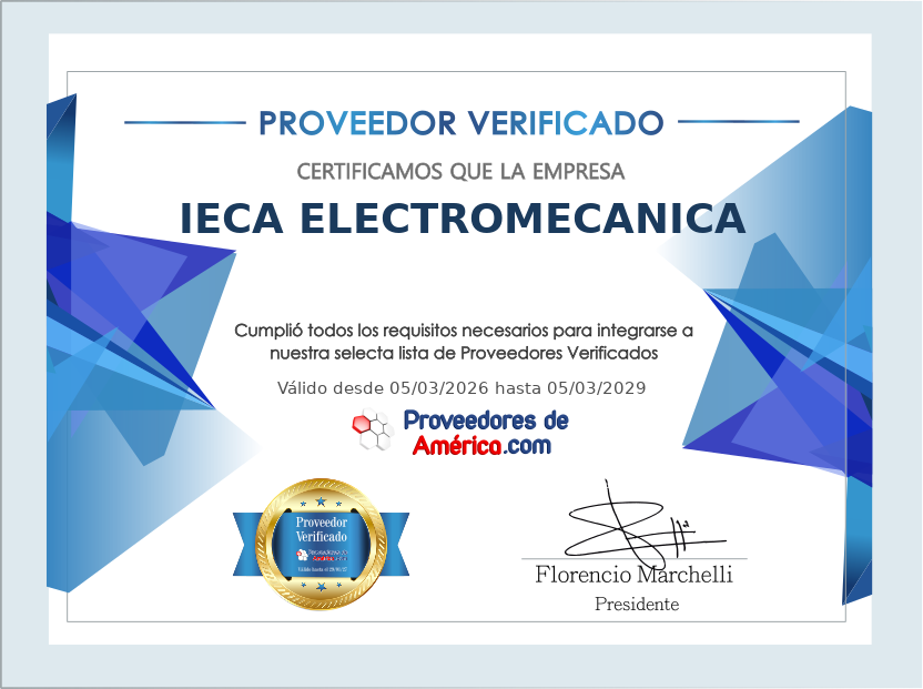 Certificado de Proveedor Verificado de IECA ELECTROMECANICA