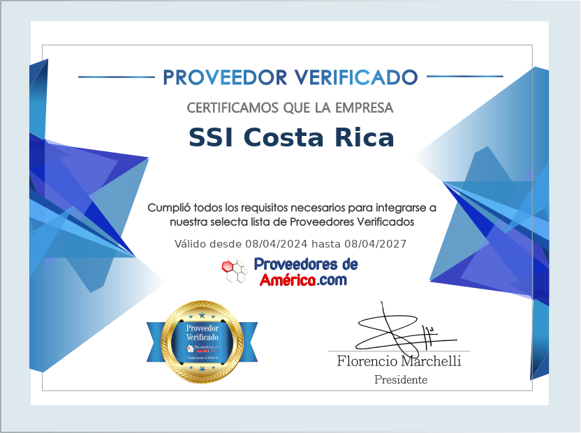 Certificado de Proveedor Verificado de SSI Costa Rica