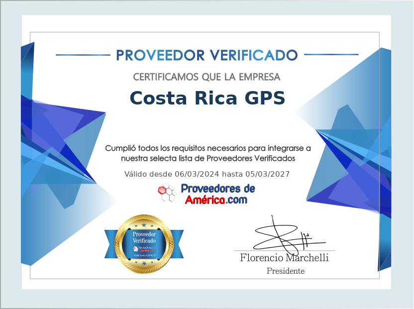 Certificado de Proveedor Verificado de Costa Rica GPS