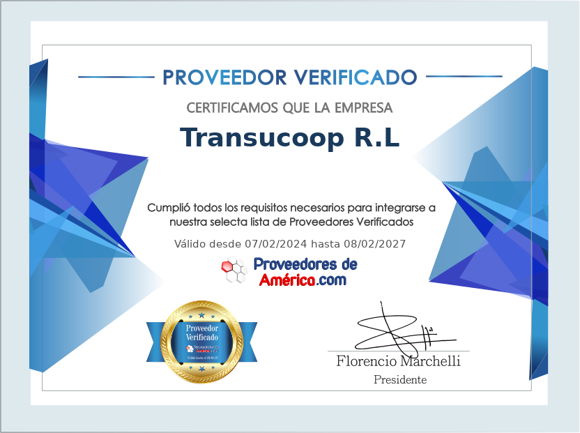 Certificado de Proveedor Verificado de Transucoop R.L
