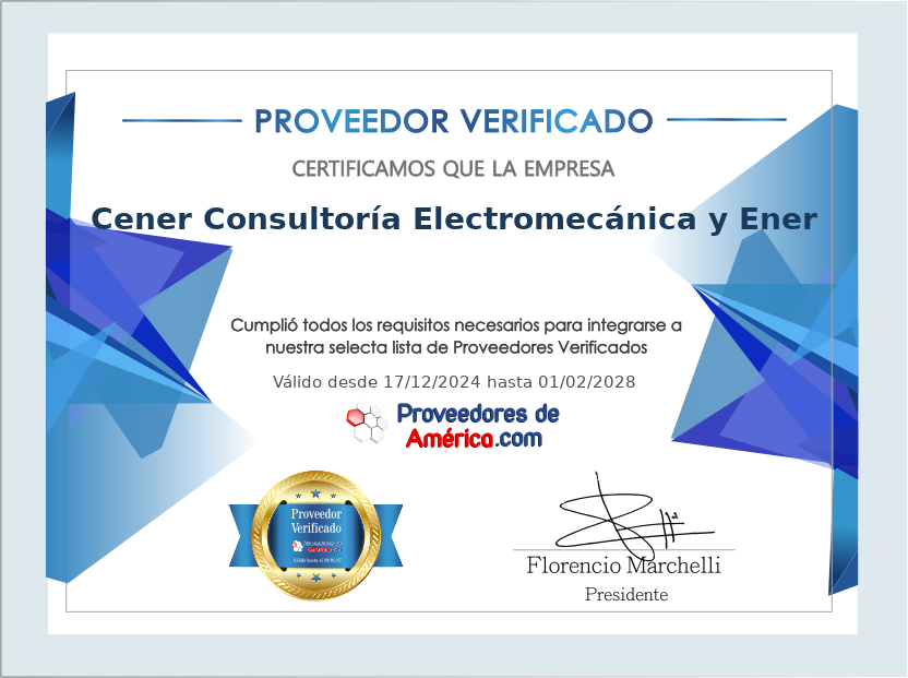 Certificado de Proveedor Verificado de Cener Consultoría Electromecánica y Ener