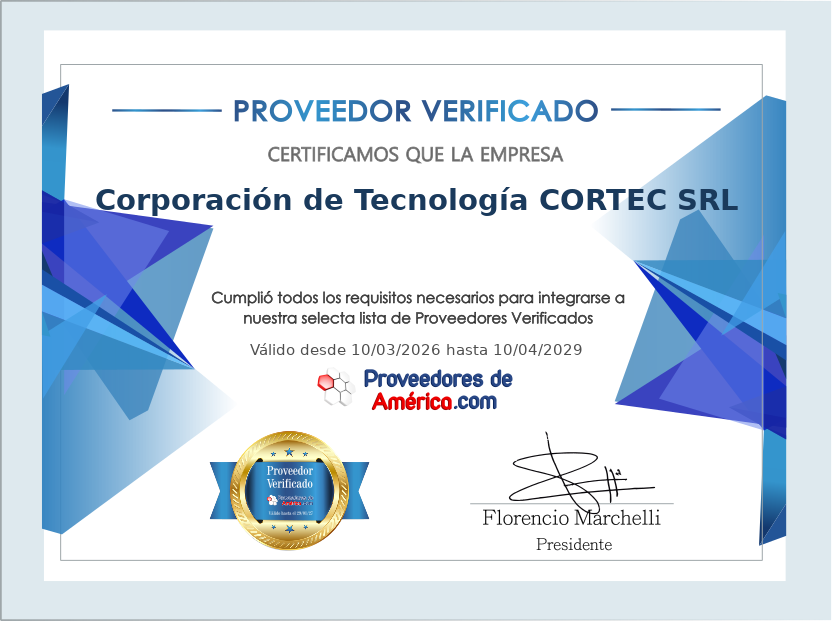 Certificado de Proveedor Verificado de Corporación de Tecnología CORTEC SRL