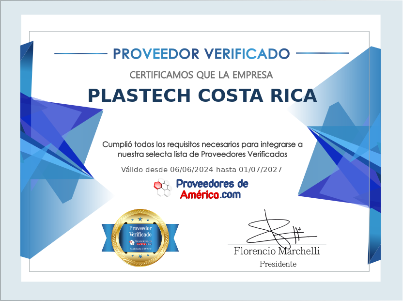 Certificado de Proveedor Verificado de PLASTECH COSTA RICA