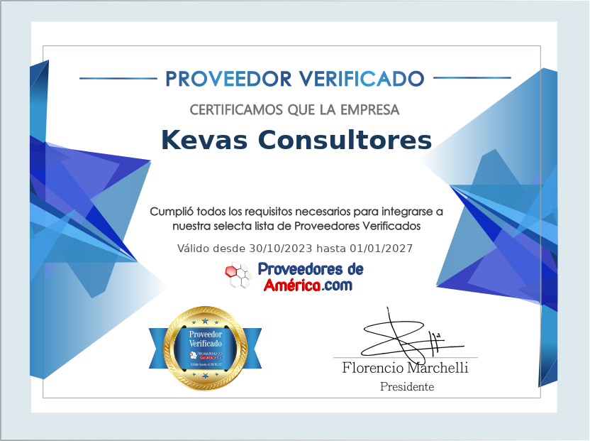 Certificado de Proveedor Verificado de Kevas Consultores
