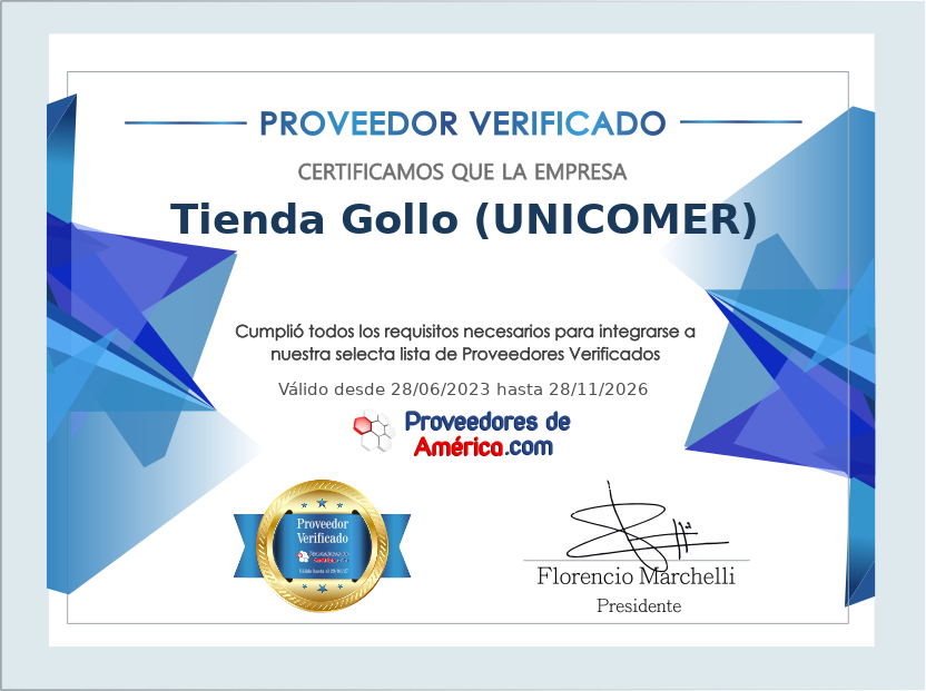 Certificado de Proveedor Verificado de Tienda Gollo (UNICOMER)