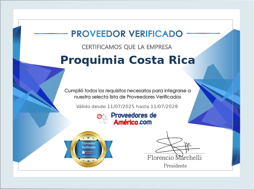 Certificado de Proveedor Verificado de Proquimia Costa Rica