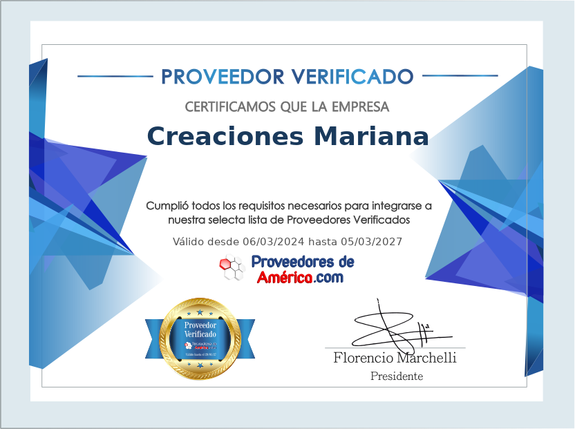 Certificado de Proveedor Verificado de Creaciones Mariana