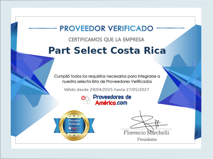 Certificado de Proveedor Verificado de Part Select Costa Rica