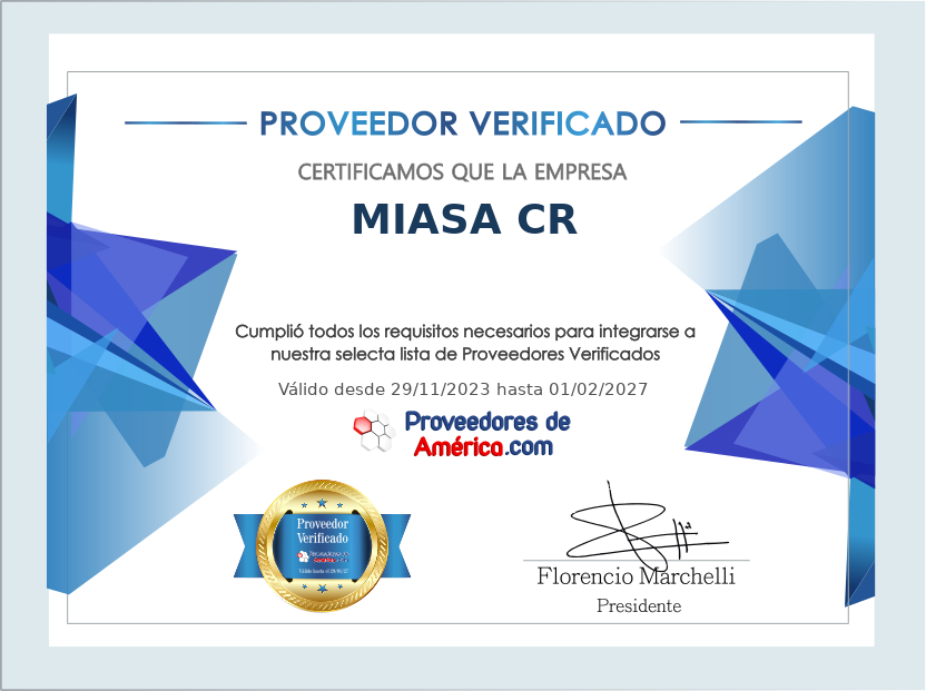 Certificado de Proveedor Verificado de MIASA CR