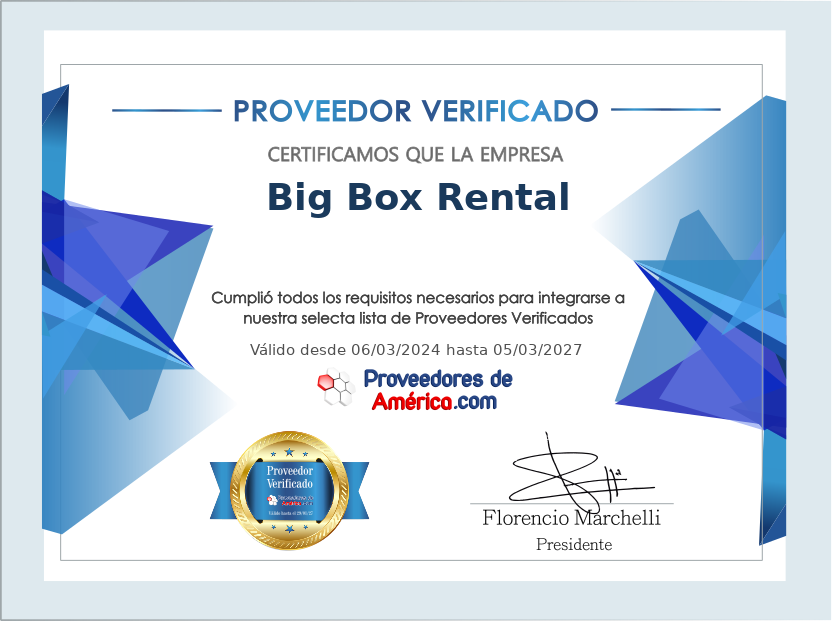 Certificado de Proveedor Verificado de Big Box Rental