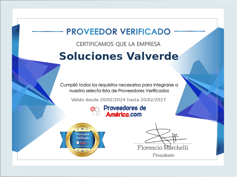 Certificado de Proveedor Verificado de Soluciones Valverde